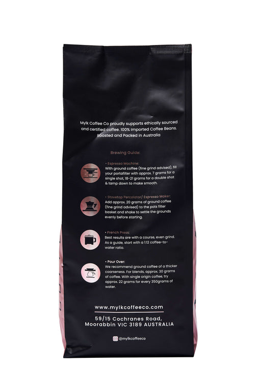 Back of MYLKO Cafe Blend Coffee Beans bag with roasting and pouring instructions