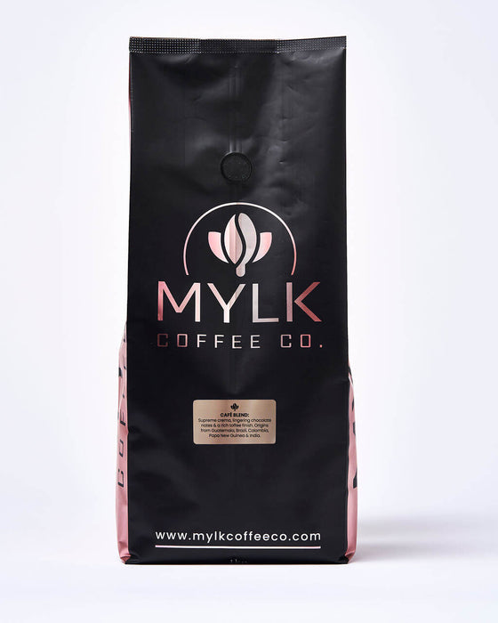 Front view of Cafe Blend Coffee bag with MYLK logo