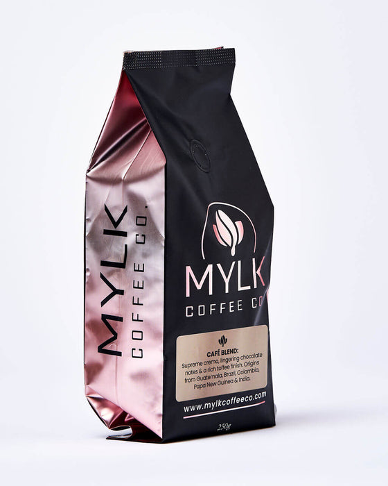 Side view of large Back of bag filled with Cafe Blend Coffee Beans