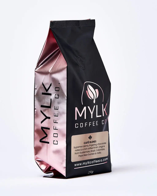 Bag of cafe blend coffee beans by MYLK Coffee Co.